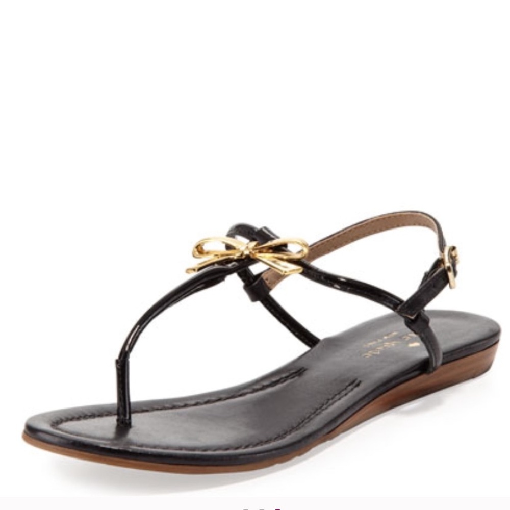 Kate Spade Preppy Black Patent leather Sandals with Gold Metal Bows Size 8 - Picture 8 of 16